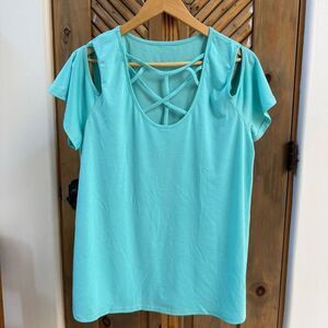 NWT (XL) teal cold shoulder cutout cross-front blouse